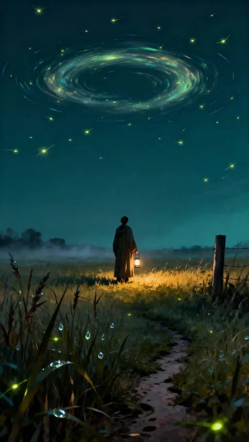 A warp-like halo of refracted light spins above a field while a shadowed figure stands amid thousands of glowing fireflies, creating a hushed, otherworldly tableau.