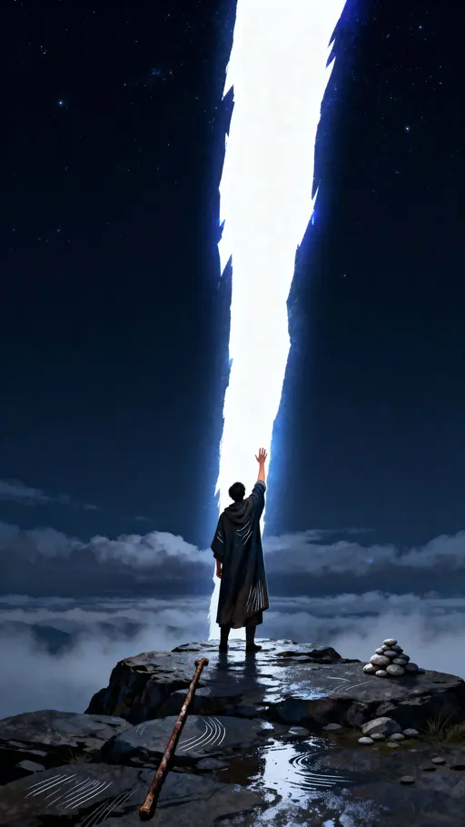 A lone figure reaches a hand toward a pure white rift that splits the night sky, framed in a tall 9:16 crop to emphasize vertical tension and distant mystery.