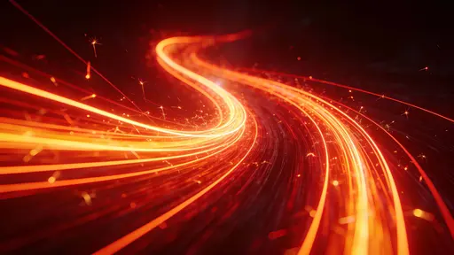 A diagonal cascade of neon red and electric orange filaments sweeps from bottom-left to top-right like heated ribbons, with glowing sparks trailing against a dark uncluttered background.