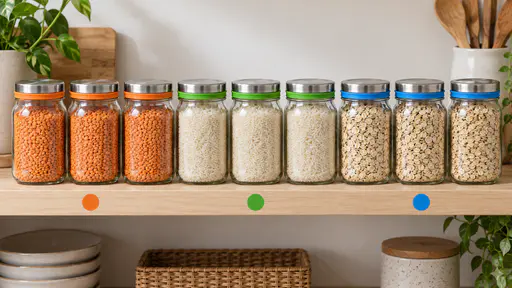 A row of sealed filled clear glass jars of lentils, rice and oats stands on a pale wooden shelf, the silicone rings sorted into orange, green and blue groups each marked with a small round colour sticker, in soft frontal light.