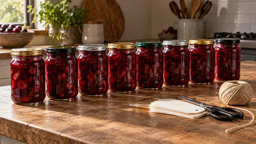 In raking afternoon light a row of eight filled clean jars of deep red compote stands on a kitchen bench with their lids on beside a small stack of blank white paper labels, a ball of natural string and a pair of kitchen scissors resting on the labels.