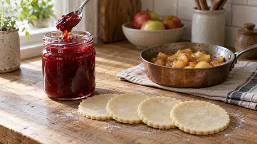 On a scrubbed wooden kitchen bench an open jar of red jam with a spoon lifted from it, a row of four plain pastry rounds and a small pan of stewed apple pieces stand together in soft morning light.