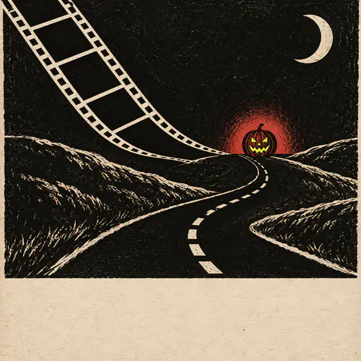 Linocut cinema-style poster in which a black film strip with pale sprocket holes sweeps down from the top of the frame and becomes a narrow country road; the road runs between low hills to a single glowing jack-o'-lantern on a distant crest under a carved crescent moon. Halloween cinema poster design with an empty title band below.