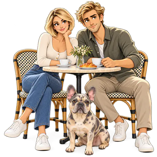 Fine-lined illustration of a couple and their French bulldog at a round café table
