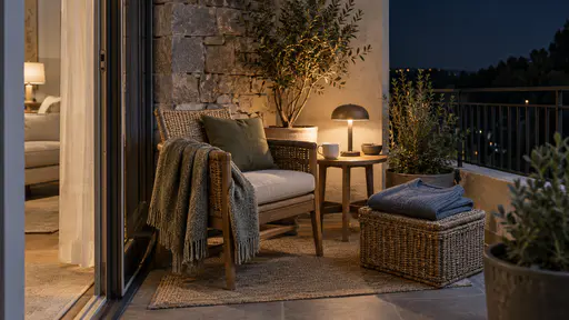 A terrace corner at night holds a finished plain jumper folded on a closed sewing basket under one small warm lamp, dark air beyond the rail.