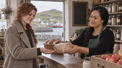 A Samoan woman with a long black braid in a green apron hands a paper-wrapped loaf across a wooden counter to a freckled woman with an auburn braid in a tiny island village shop with shelves of jars, a basket of bread and a blank chalkboard in warm window light.
