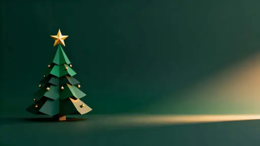 A minimalist 16:9 Christmas background with a stylized fir tree on the left third in deep greens, small golden ornaments and a star, dark green gradient backdrop and warm right-side highlights.