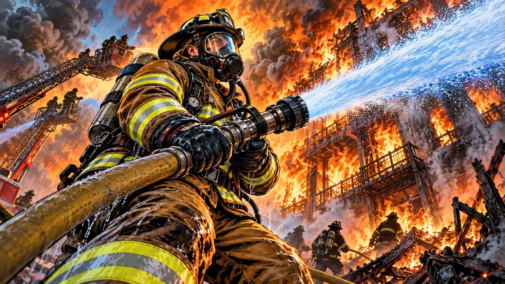 A heroic adult firefighter in full turnout gear and helmet aims a powerful water hose through thick smoke and flames at a burning building with sparks flying.