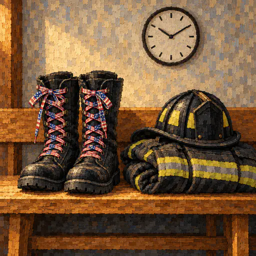 Adult firefighter boots with flag laces standing ready on a station bench with gear. Thirteen stripes and a neat canton honour the crew.