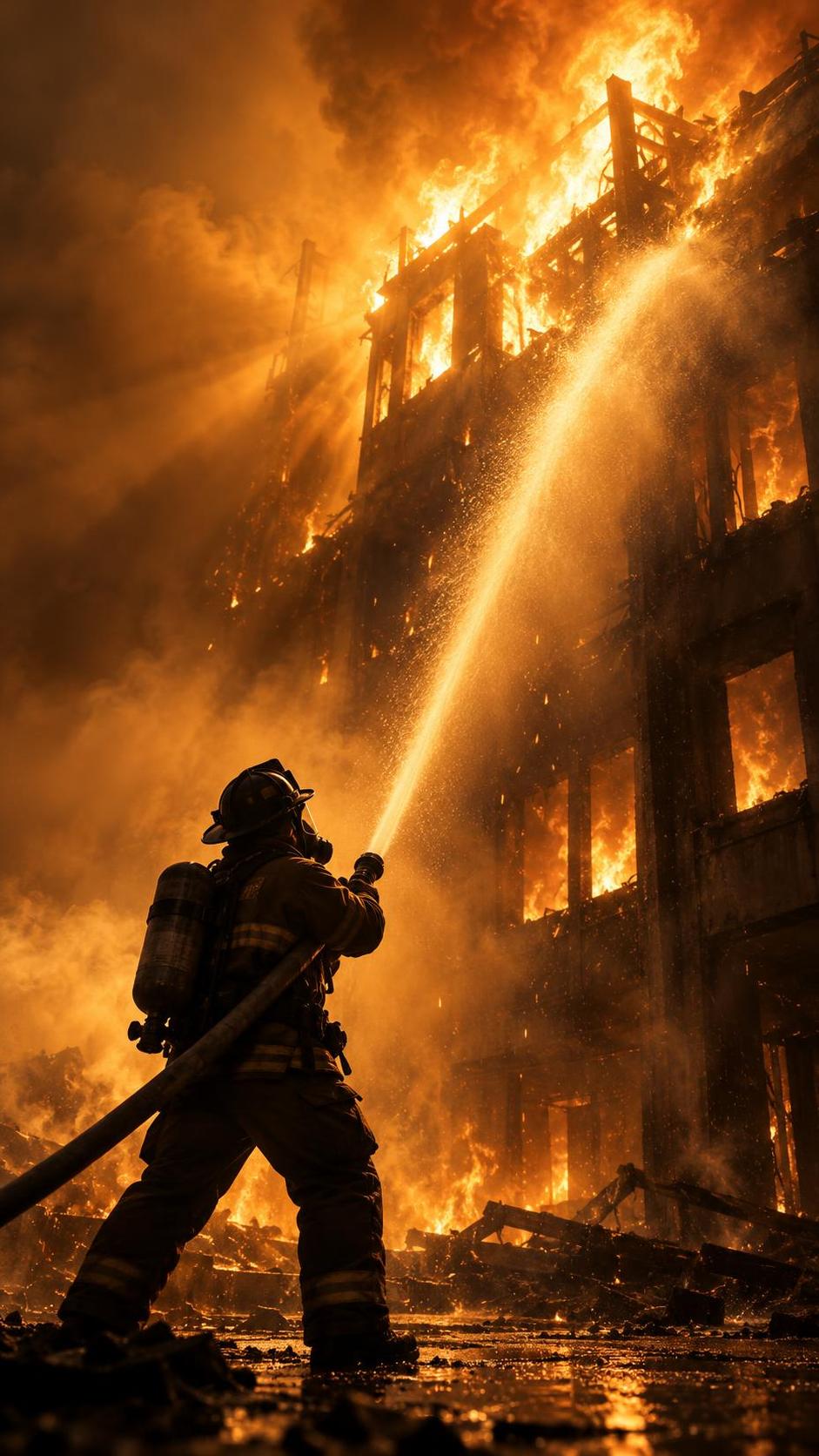A heroic adult firefighter in full turnout gear and helmet aims a powerful water hose through thick smoke and flames at a burning building with sparks flying.