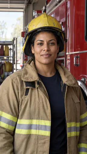 A broad-shouldered athletic woman in her mid-thirties with medium brown skin and a strong jaw, in a tan fire-service coat with reflective stripes over a navy t-shirt and a scuffed yellow helmet pushed back, beside a red fire engine and a rack of hoses in a station bay.