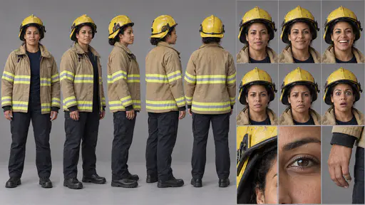 A 16:9 studio character sheet of a firefighter in a tan coat with reflective stripes, navy t-shirt, dark trousers, black boots and a yellow helmet, shown in five full-body views, six expressions and three close details.