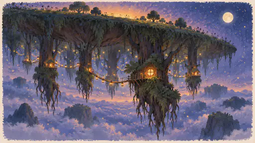At night the downward forest beneath a floating island glows softly with hundreds of fireflies drifting between hanging trunks, small warm lanterns shining along rope bridges and one round hut window lit under a dusty indigo sky of gold stars and a pale moon.