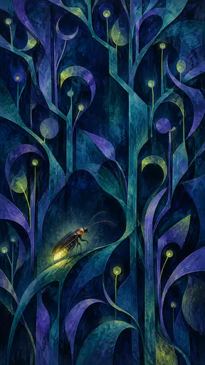 A firefly beetle glows softly with a warm yellow green abdomen at the centre of a branching network of angular teal stems, curved hooks and open signs on a deep midnight blue ground.