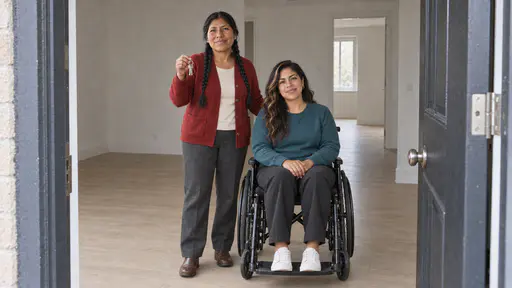 A sturdy woman in her mid forties with two long black braids and a wheelchair-using woman in her early thirties pause together at the open front door of an empty flat, the standing woman holding up a plain key ring, empty pale rooms behind them in bright morning light.
