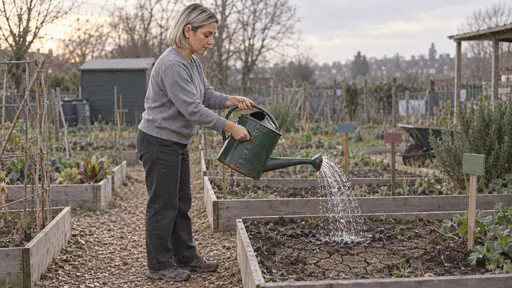 A deaf woman in her mid thirties with a silver-blonde bob tips a battered green enamel watering can with copper staple stitches with both hands over a dry cracked community-garden bed in pale first light, plain neighbouring plots behind her.