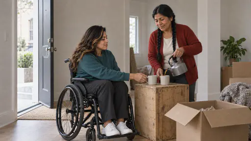 A sturdy woman in her mid forties with two long black braids pours tea from a plain camping kettle into two mugs on an upturned packing crate while a wheelchair-using woman in her early thirties beside her reaches for a mug, one open plain box at their feet in soft midday light.
