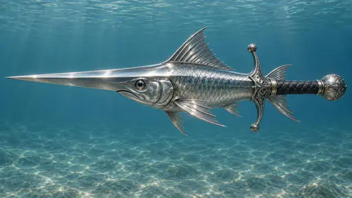 Swordfish: a surreal side view of a single silver fish underwater whose long snout and spine are a polished sword blade tapering to a point, a small crossguard spreading behind its gills and the sword's wrapped grip and pommel forming the tail, cool directional light on the metal.