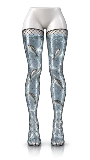 Fishnet stockings: a pair of mannequin legs in transparent water-filled stockings wrapped in black fishing nets, small silver fish swimming inside each stocking.