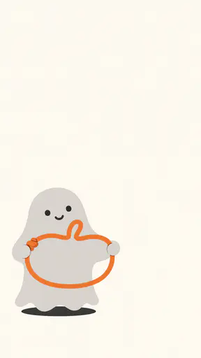 Flat vector editorial illustration for a Halloween fitness studio promotion graphic: a small friendly light-grey ghost with dot eyes and a wavy hem stands holding a looped pumpkin-orange exercise band stretched wide into a pumpkin outline with a stem-like curl, one soft twist still beside its hand; the upper third and right edge stay a plain empty field ready for typeset copy.