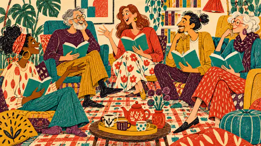 Five fictional adults of mixed ages with long limbs and wide grins sit in a loose circle in a living room each holding the same blank teal book in a playful crayon scribble colour block illustration.