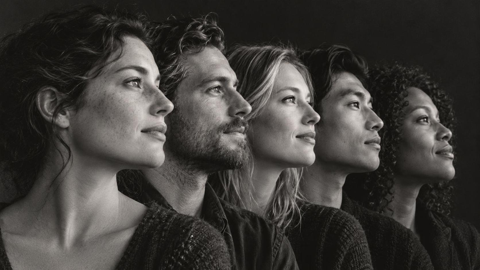 A group of five adult friends in black and white profile with their faces overlapping in a nested row from front to back all gazing the same direction in shared camaraderie.
