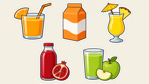 Five separate die cut cartoon stickers show orange juice with a straw, a plain carton, a pineapple juice cup with a paper umbrella, a pomegranate juice bottle and a green apple juice glass on white.