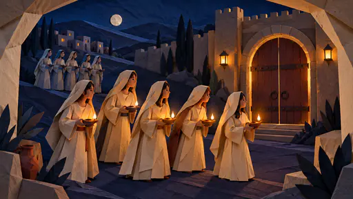 Five women in cream robes hold small lit oil lamps on a dark folded paper road before an arched gate with a glowing lantern while five more stand further back with unlit lamps in soft folded paper.