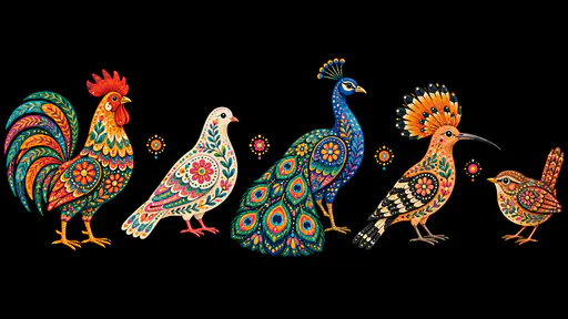 Five separate folk birds, a rooster, a dove, a peacock, a hoopoe and a wren, are densely filled with ornamental patterns in saturated turquoise, saffron and magenta against deep black.