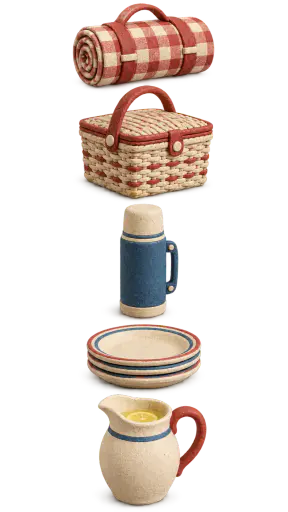 Five separate matte paper clay picnic objects, a gingham blanket roll, a wicker hamper, a thermos flask, a stack of plates and a lemonade jug, are shown as a matching set on transparent alpha.