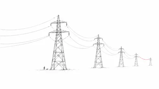 Five lattice electricity pylons march across vast empty white paper in soft pencil scribble with swooping cables, a tiny adult and a dog beneath the nearest and a single red line for the farthest cable.