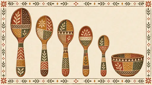 A row of five wooden spoons of different sizes is segmented into patchwork panels of herringbone, zigzag and dotted grain in earthy colours on cream paper beside a small bowl.