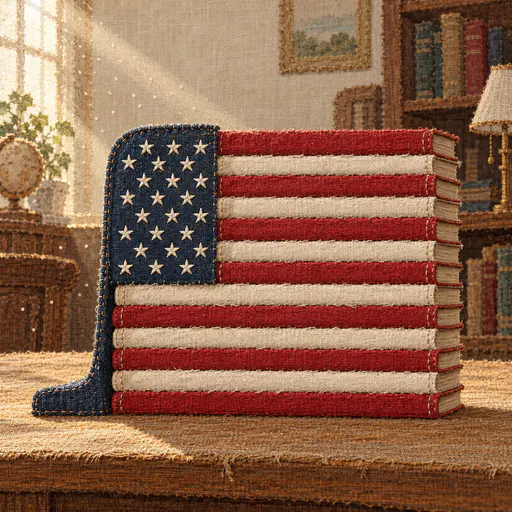 Library table with hardcover book spines stacked as stripes beside a star bookend. Thirteen stripes and a neat canton stand pure.