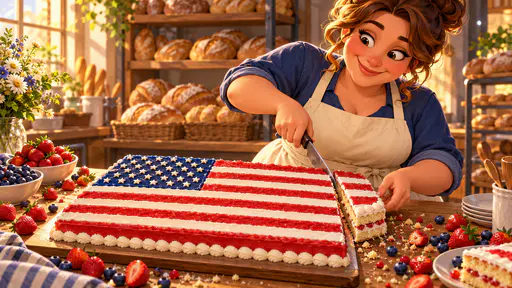 Baker in an apron slicing a rectangular cake iced as a flag with stripes and blue canton. Accurate stripes and a blueberry canton invite sharing.