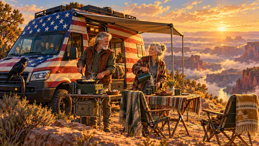 A camper van wrapped in flag stripes at a canyon overlook at golden hour with its awning open, a grey bearded man and a silver haired woman in their sixties cooking and pouring coffee, a raven on the bumper.