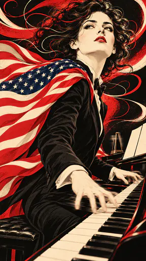 Adult pianist wearing a flag cape over formal clothes playing keys with stripes flowing. Thirteen stripes and a neat canton play loud.