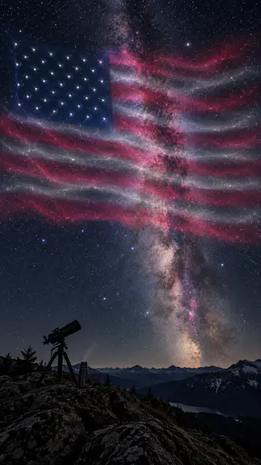 Stars forming a canton rectangle above aurora flag stripes with a telescope silhouette below.