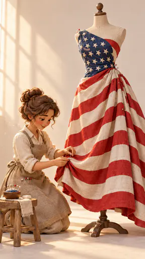 Dressmakers mannequin with flag cloth pinned into a gown and adult hands pinning a hem. Thirteen stripes and a neat canton stand pure.