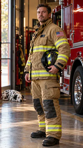 Adult firefighter in a clean turnout coat wearing a flag shoulder patch in a station bay. Thirteen stripes and a neat canton honour the crew.