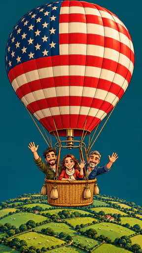 Flag patterned hot air balloon with canton crown floating over patchwork fields. Thirteen stripes and a neat canton hit the wall.