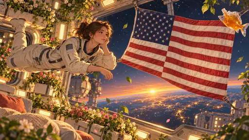 Adult astronaut floating beside a drifting flag quilt tethered in a space station. Thirteen stripes and a neat canton dream skyward.