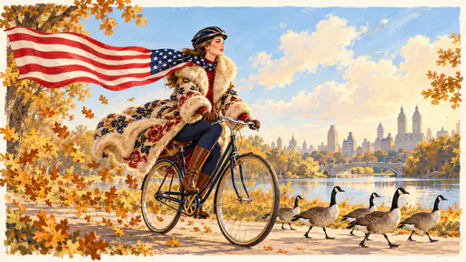 Adult cyclist in a helmet with a long flag scarf streaming behind on a city park path. Thirteen stripes and a neat canton move with the wearer.