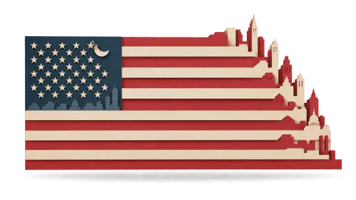 Poster art of flag stripes becoming a city skyline with a canton as night sky. Thirteen stripes and a neat canton hit the wall.