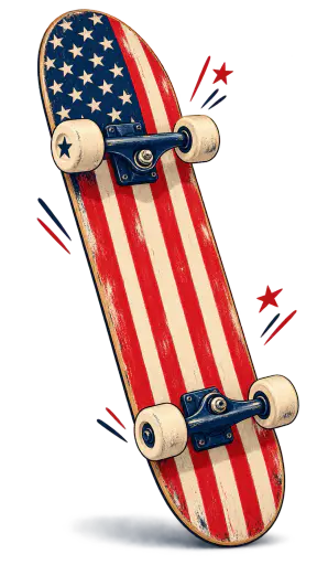 Die cut sticker of a skateboard deck painted with flag stripes and a blue star canton nose.