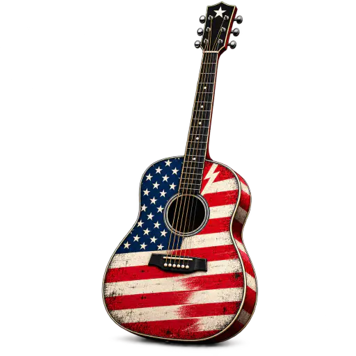 Die cut sticker of an acoustic guitar wrapped in flag stripes with a blue canton sound hole.