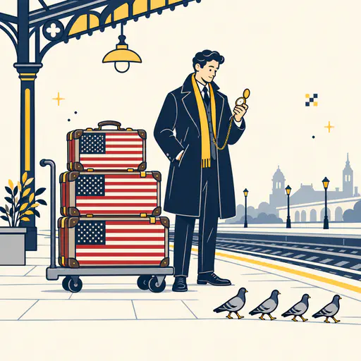 Train platform with stacked flag painted suitcases and an adult traveller checking a watch.