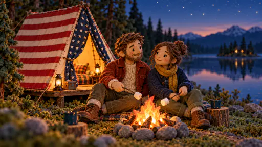 Tent sewn from flag patterned canvas glowing at a lakeside camp with marshmallows roasting.