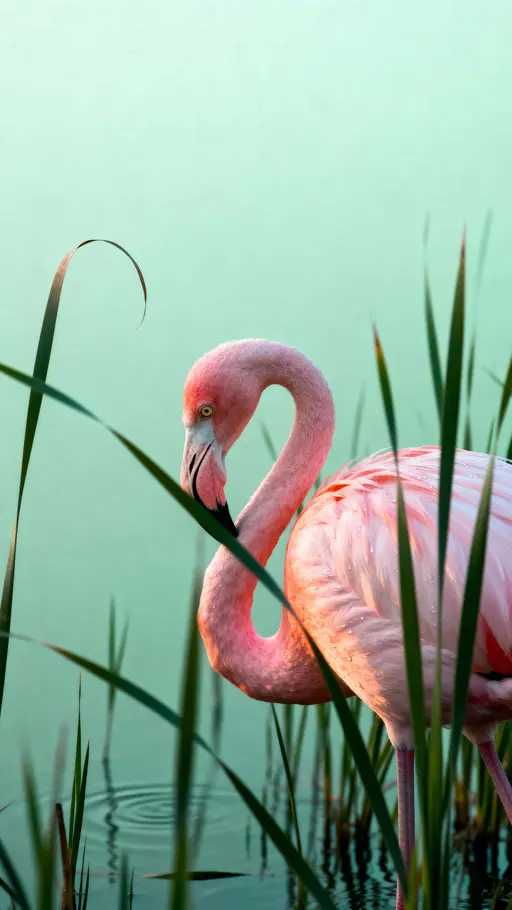 A solitary flamingo stands with head lowered among tall wetland grass, softened by a pale green atmospheric haze and lit so warm pink plumage reads against muted greenery.