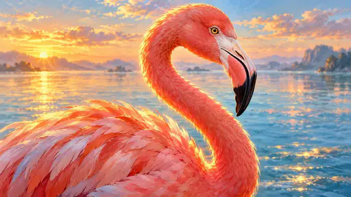 A flamingo in profile with a curved neck and coral pink plumage stands against calm blue water in warm golden hour backlight.