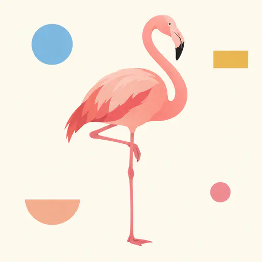 A greater flamingo stands on one leg with its neck in a soft S in coral and rose masses while a few detached sky blue, mustard and peach shapes float in a pale unbounded field around it.